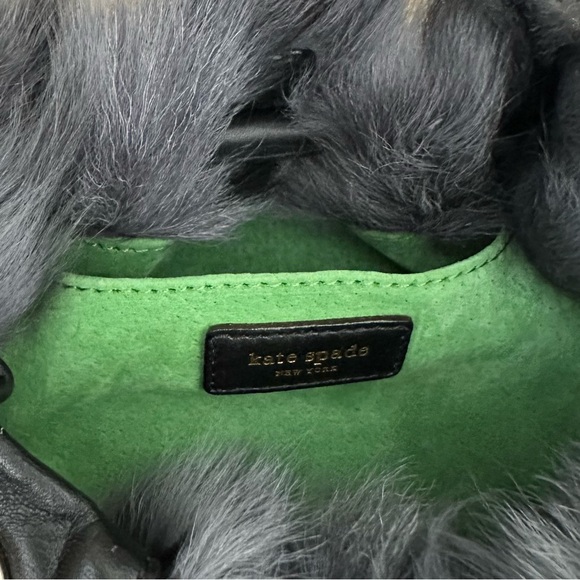 KATE SPADE RARE VINTAGE BLACK LEATHER GREY TONE FAUX FUR DRAWSTRING HANDBAG - Picture 15 of 15